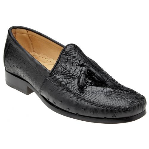Belvedere "Bari" Black Genuine Alligator and Ostrich Skin Loafer Shoes With Tassels R11.
